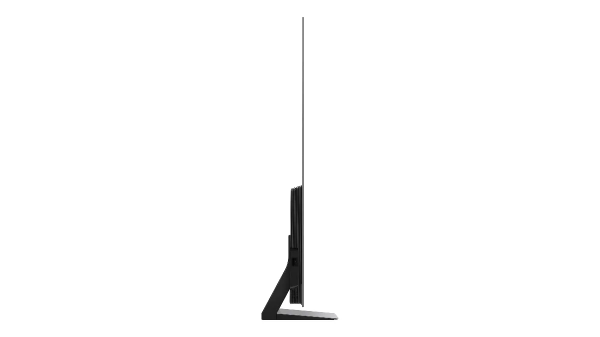 Samsung OLED S90H de 55 inch văzut din profil, cu panoul subțire și suportul central