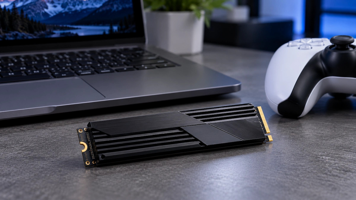 SSD M.2 negru cu radiator pe un birou, lângă un laptop deschis și un controller alb