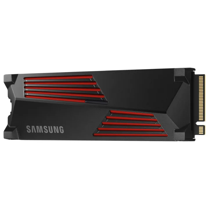 SSD Samsung 990 PRO de 1 TB cu radiator negru cu roșu, văzut din unghi