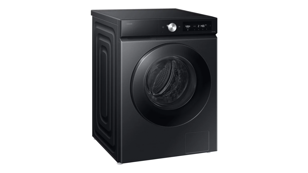 Mașina de spălat cu uscător Samsung Bespoke AI WD90DB7B85GBU4, neagră, văzută din trei sferturi