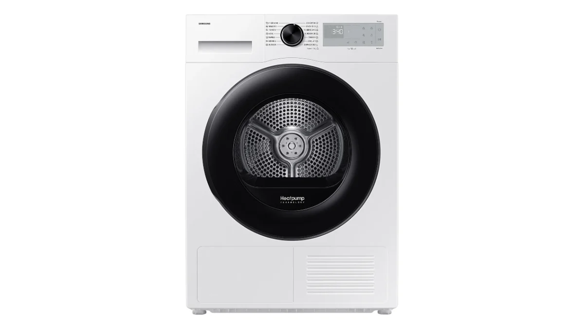 Uscătorul de rufe Samsung DV90DG52A0AHLE, alb, cu hublou negru, văzut din față
