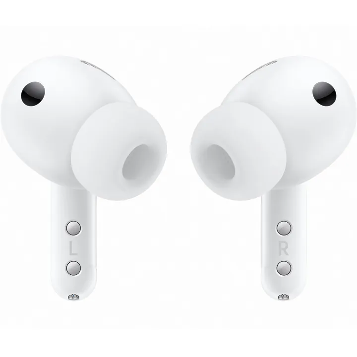 Două căști true wireless Samsung Galaxy Buds4 Pro albe, văzute dinspre adaptoarele de silicon, pe fundal alb