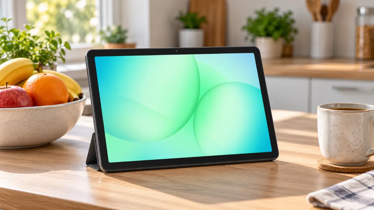 Tabletă Samsung Galaxy Tab A11+ pe un suport, pe blatul de lemn al unei bucătării luminoase, lângă fructe și o cafea