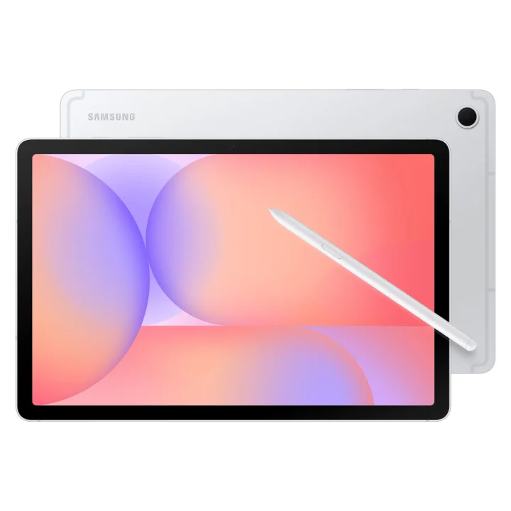 Tabletă Samsung Galaxy Tab S10 Lite 5G argintie, cu S Pen, văzută din față și din spate