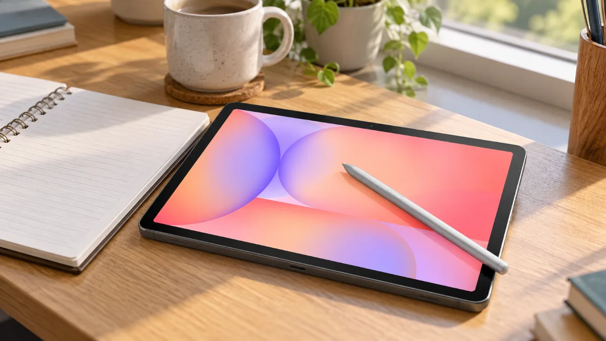 Tabletă Samsung Galaxy Tab S10 Lite pe un birou de lemn lângă un caiet deschis, cu stiloul așezat pe ecran