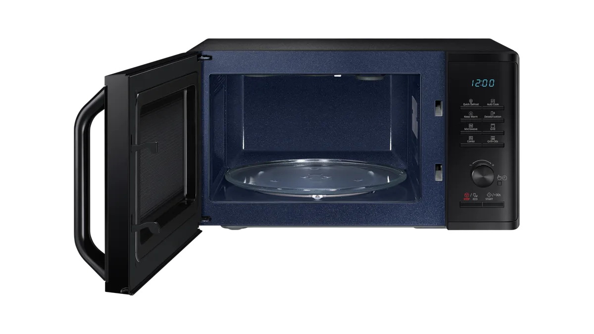 Cuptorul cu microunde Samsung MG23K3515AK/OL, negru, cu ușa deschisă, interior albastru închis și platou de sticlă