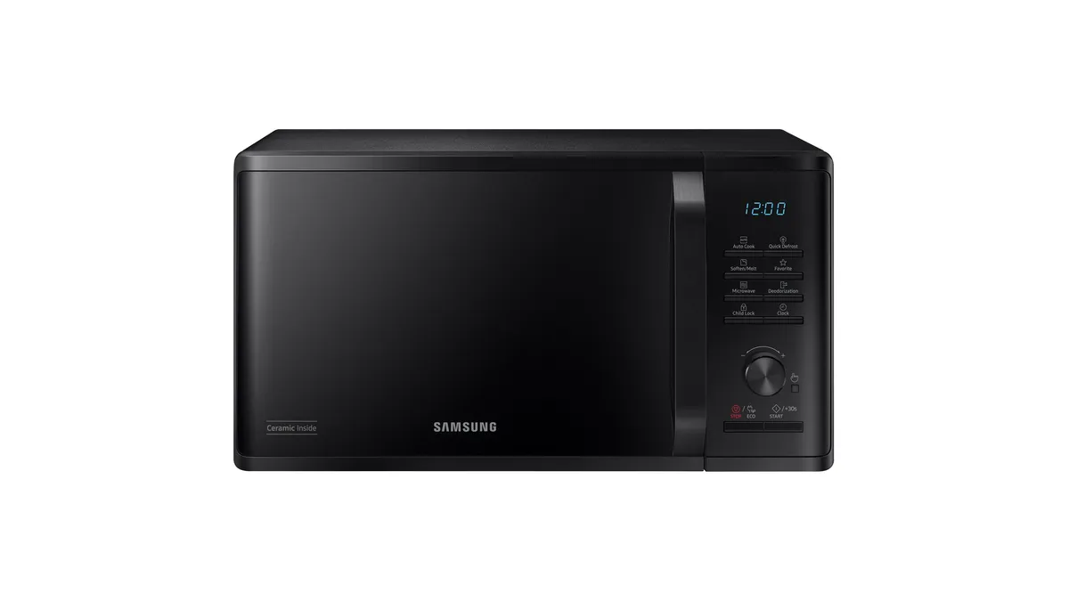 Cuptorul cu microunde Samsung MS23K3515AK/OL, negru, văzut din față, cu panoul de comandă în dreapta
