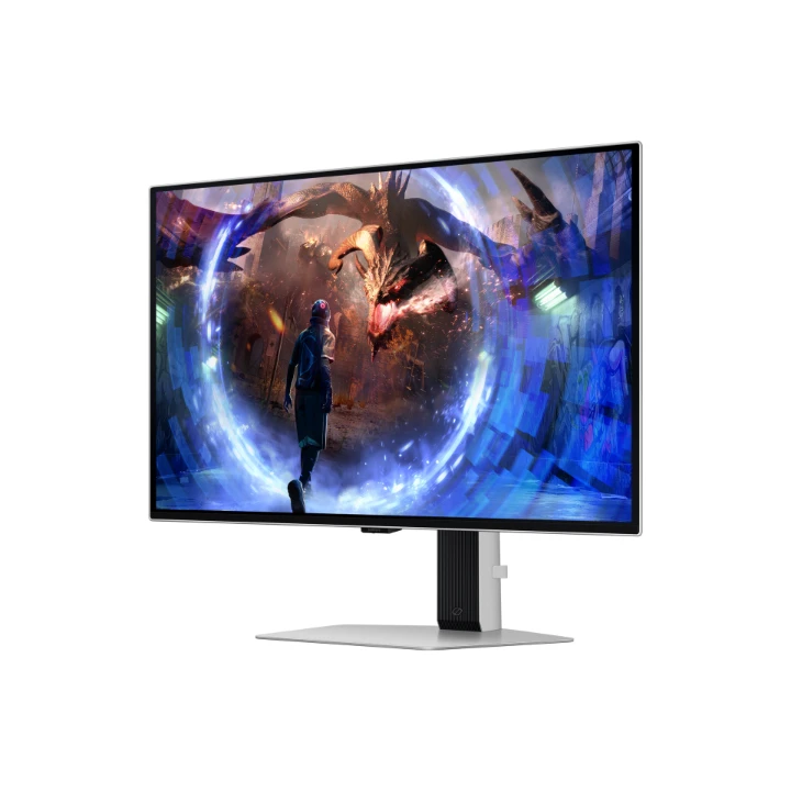 Monitorul de gaming Samsung Odyssey OLED G6 G60SD, argintiu, văzut în perspectivă
