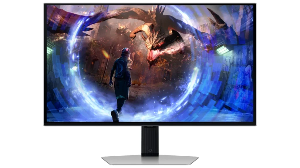 Monitorul de gaming Samsung Odyssey OLED G6 G60SD, argintiu, văzut din față, cu o scenă de joc pe ecran