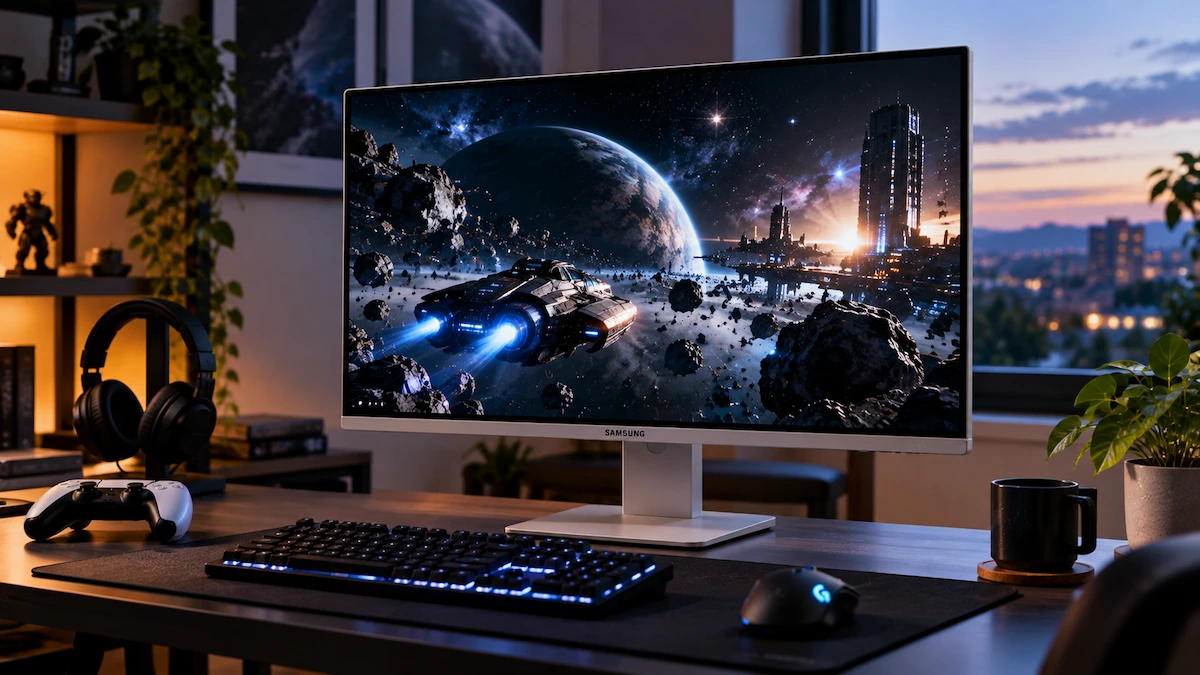 Monitor Samsung Odyssey OLED G8 G81SF argintiu pe un birou, cu o scenă întunecată dintr-un joc spațial pe ecran