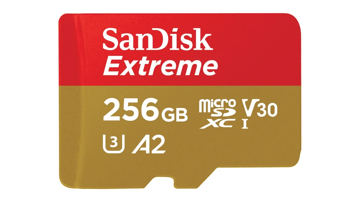 Cardul microSD SanDisk Extreme de 256 GB, roșu cu auriu, văzut din față