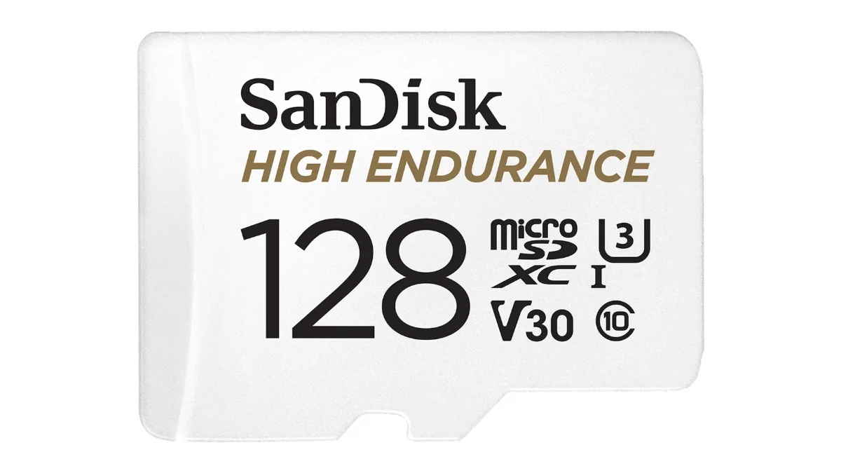 Cardul microSD SanDisk High Endurance de 128 GB, alb, văzut din față