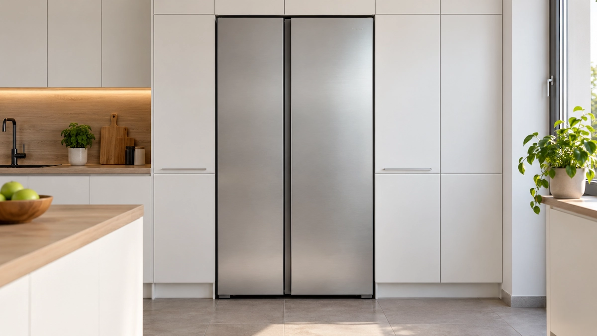 Frigider side by side inox, fără dozator, aliniat cu frontul corpurilor înalte de mobilier dintr-o bucătărie albă
