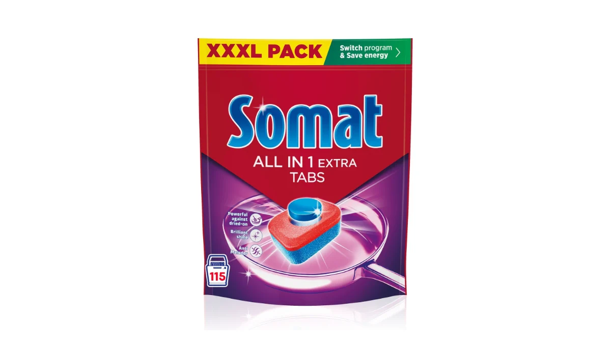 Punga de tablete Somat All in 1 Extra pentru mașina de spălat vase, 115 spălări, pe fundal alb