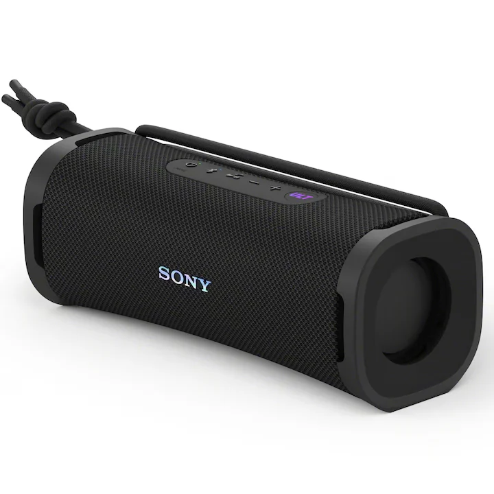 Boxa portabilă Sony ULT Field 1, neagră, cu curea, așezată pe orizontală
