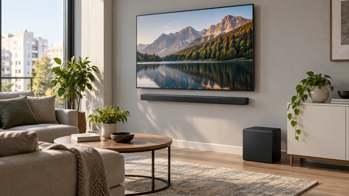 Soundbar-ul Samsung HW-QS700F montat pe perete sub televizor, cu subwooferul wireless pe podea, într-un living de apartament luminos