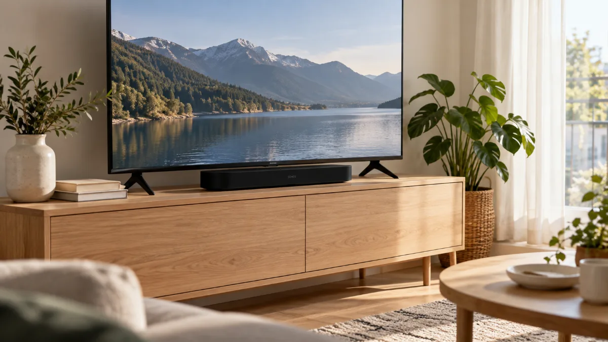 Soundbar-ul Sonos Beam (Gen 2) singur pe o comodă îngustă din lemn deschis, în fața televizorului, într-un living luminos dimineața
