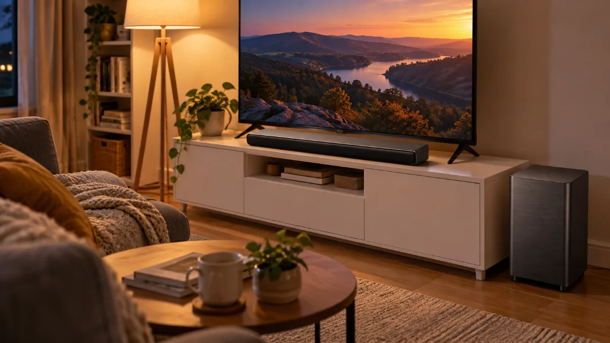 Soundbar-ul TCL S55H pe o comodă albă, în fața televizorului, cu subwooferul wireless pe podea, într-un living mic seara