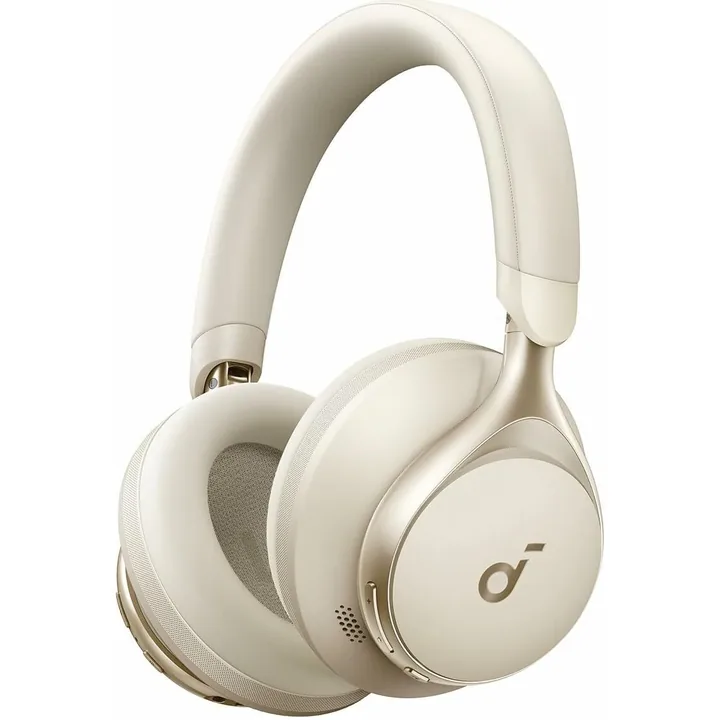 Căști over-ear Anker Soundcore Space One albe, văzute din lateral, cu cupele și banda moale pe fundal alb