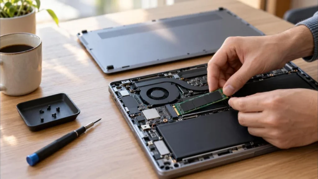 Două mâini montează un SSD M.2 în slotul unui laptop deschis, pe un birou de lemn, lângă capacul scos, o șurubelniță și o cană de cafea