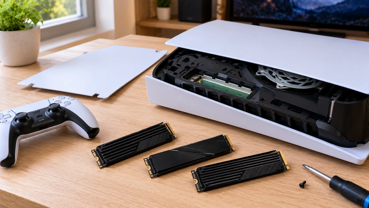 Consolă albă cu slotul M.2 deschis, lângă trei SSD-uri cu radiator și un controller, pe un birou din lemn