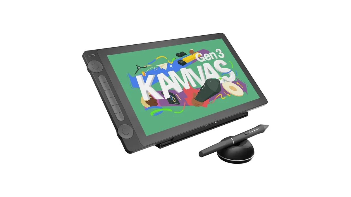 Ecranul interactiv Huion Kamvas 16 (Gen 3) pornit, cu stiloul în suportul rotund