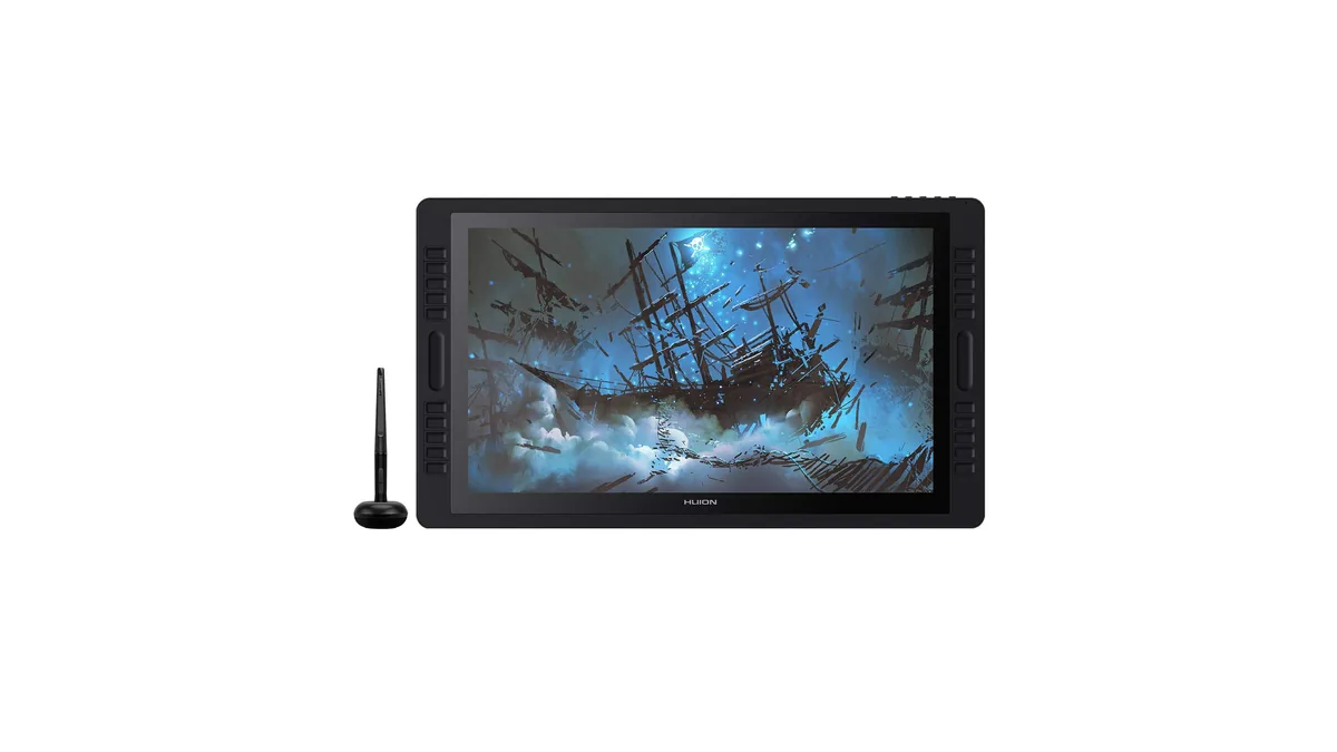 Ecranul interactiv Huion Kamvas 22 Plus pornit, cu stiloul în suport alături