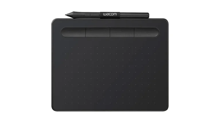 Tableta grafică Wacom Intuos S neagră, cu stiloul așezat deasupra suprafeței active