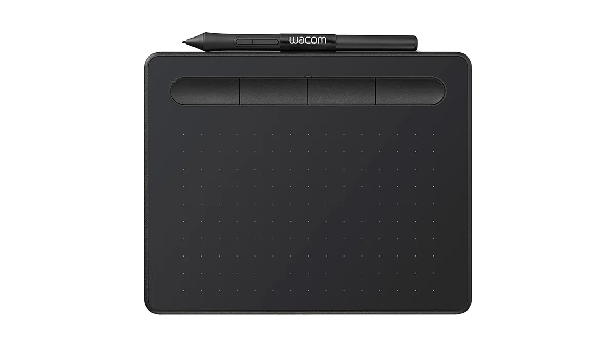 Tableta grafică Wacom Intuos S neagră, cu stiloul așezat deasupra suprafeței active