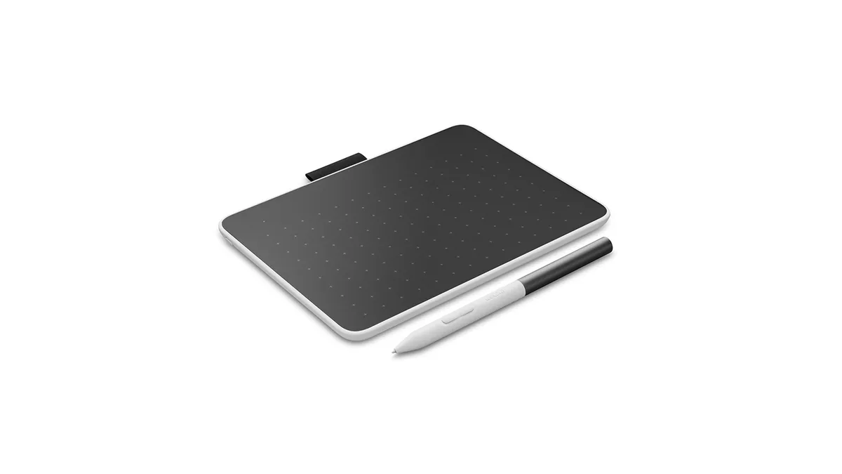 Tableta grafică Wacom One M neagră cu margine albă, cu stiloul alb alături