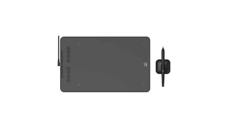 Tableta grafică XP-PEN Deco 01 V3 neagră, fără ecran, cu stiloul în suport, văzută de sus
