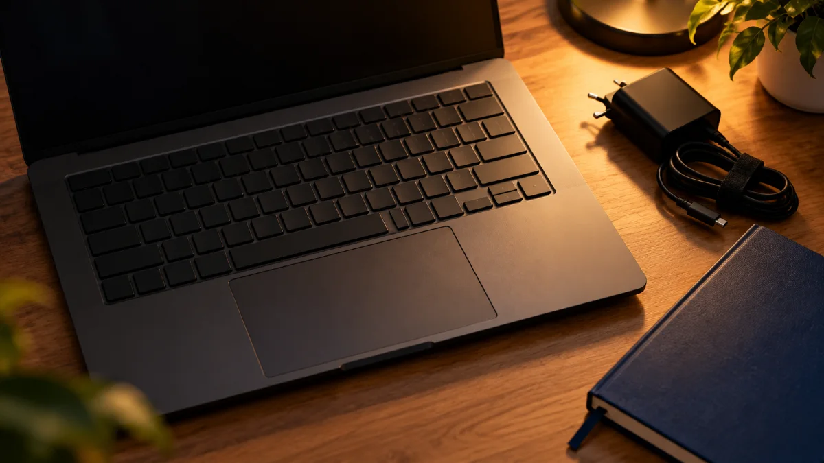 Tastatura și touchpad-ul unui laptop gri închis, lângă un încărcător cu cablul strâns și o agendă albastră, în lumină caldă de seară
