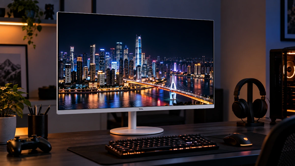 Monitor TCL 27C2A alb pe un birou de gaming, cu un oraș noaptea pe ecran