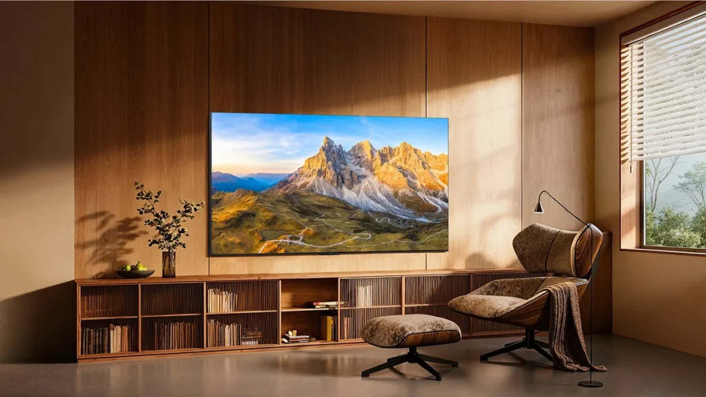 Televizorul TCL C8L montat pe peretele unui living cu lambriu de lemn, cu un peisaj montan pe ecran, deasupra unei biblioteci joase
