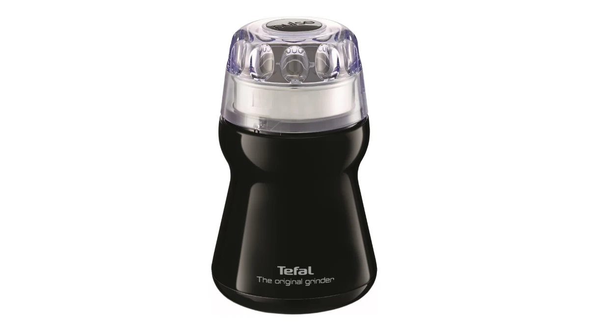 Râșnița de cafea Tefal GT1108, neagră, cu capacul transparent, văzută din față