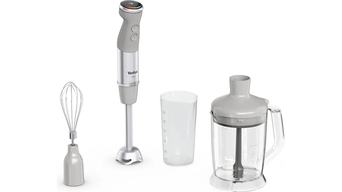 Blenderul vertical Tefal Quickchef+ HB67MB30, gri cu argintiu, cu tocătorul de 1 litru, telul și paharul de măsurat