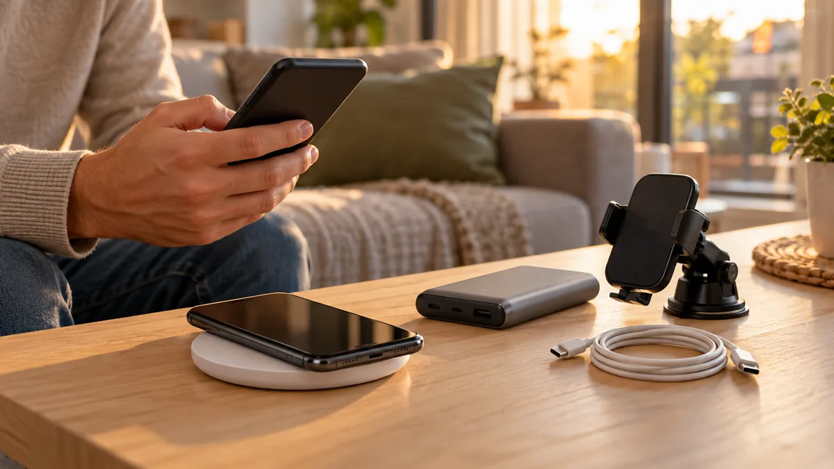 Telefon, încărcător wireless, powerbank și suport auto de telefon, așezate pe o masă într-o cameră de zi