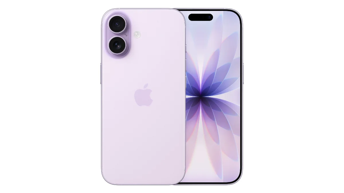 Telefon Apple iPhone 17 lavandă, văzut din spate și din față, cu două camere