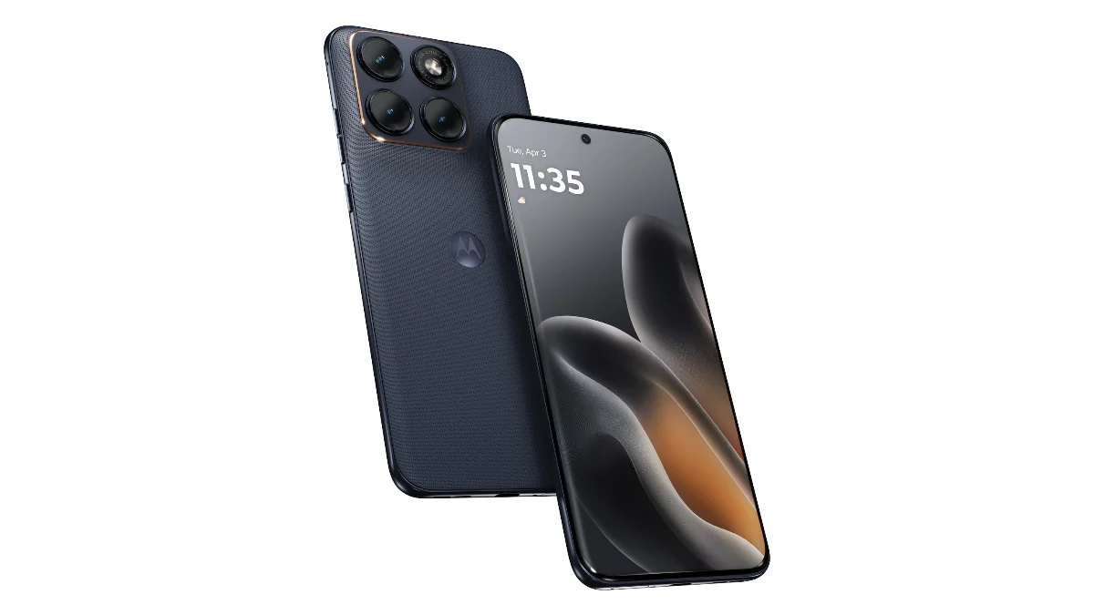 Telefon Motorola edge 70 fusion închis la culoare, văzut din spate și din față