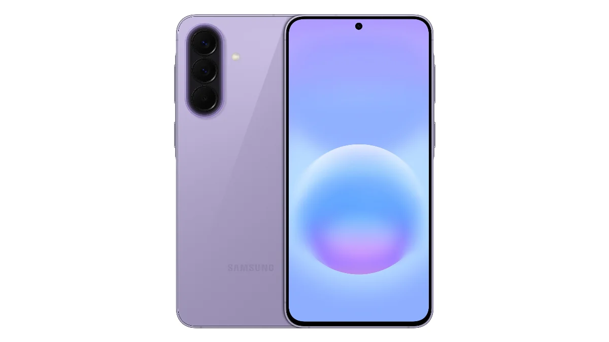 Telefon Samsung Galaxy A57 lila, văzut din spate și din față