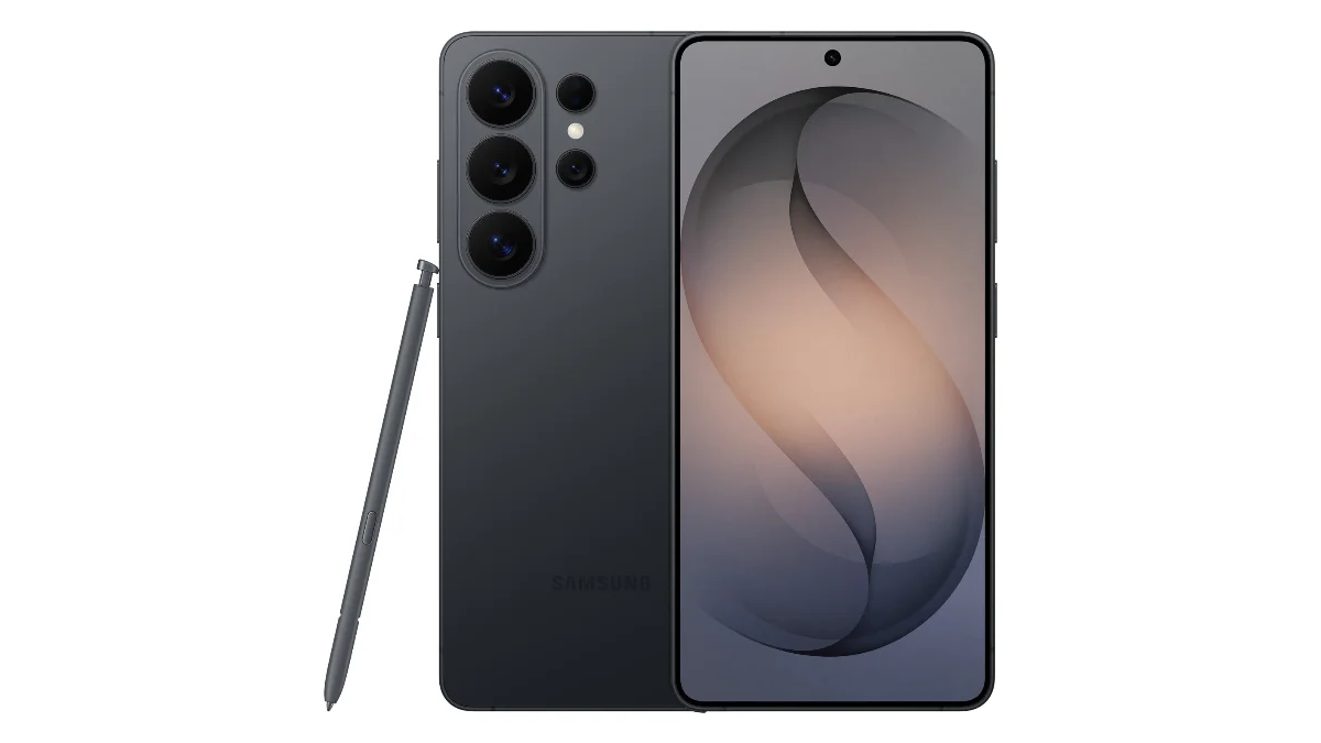 Telefon Samsung Galaxy S26 Ultra negru, cu stiloul S Pen, văzut din spate și din față