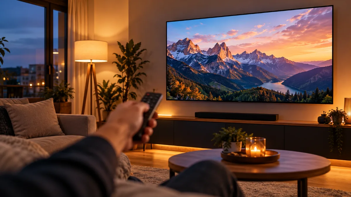 Living modern seara, cu un televizor mare pe perete care afișează un peisaj montan și o mână care ține telecomanda