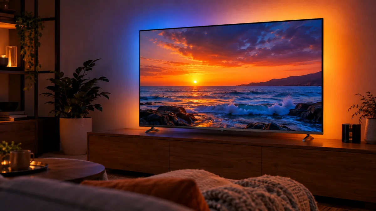 Televizor de 80 cm pe o comodă joasă, cu lumină ambientală colorată pe peretele din spate, într-un living mic, seara