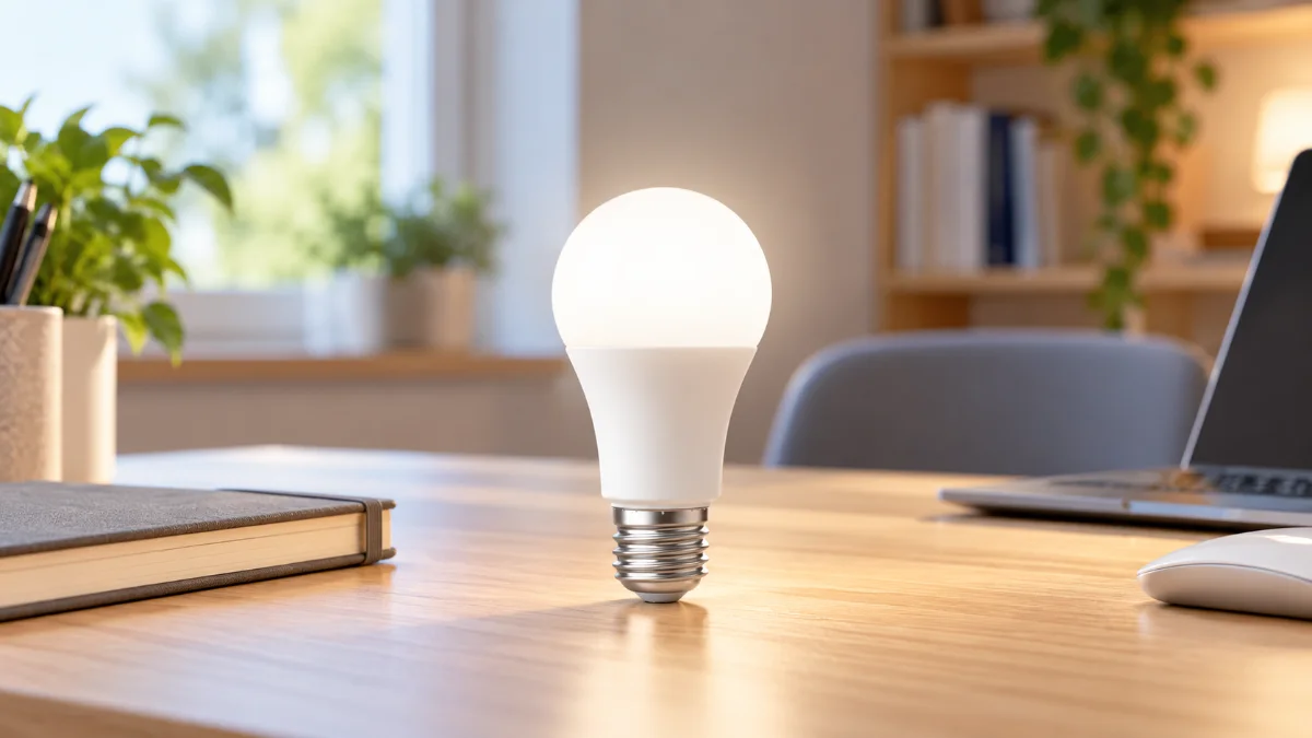 Un bec smart alb, aprins în lumină albă neutră, cu soclu E27, așezat pe un birou de lemn lângă un caiet