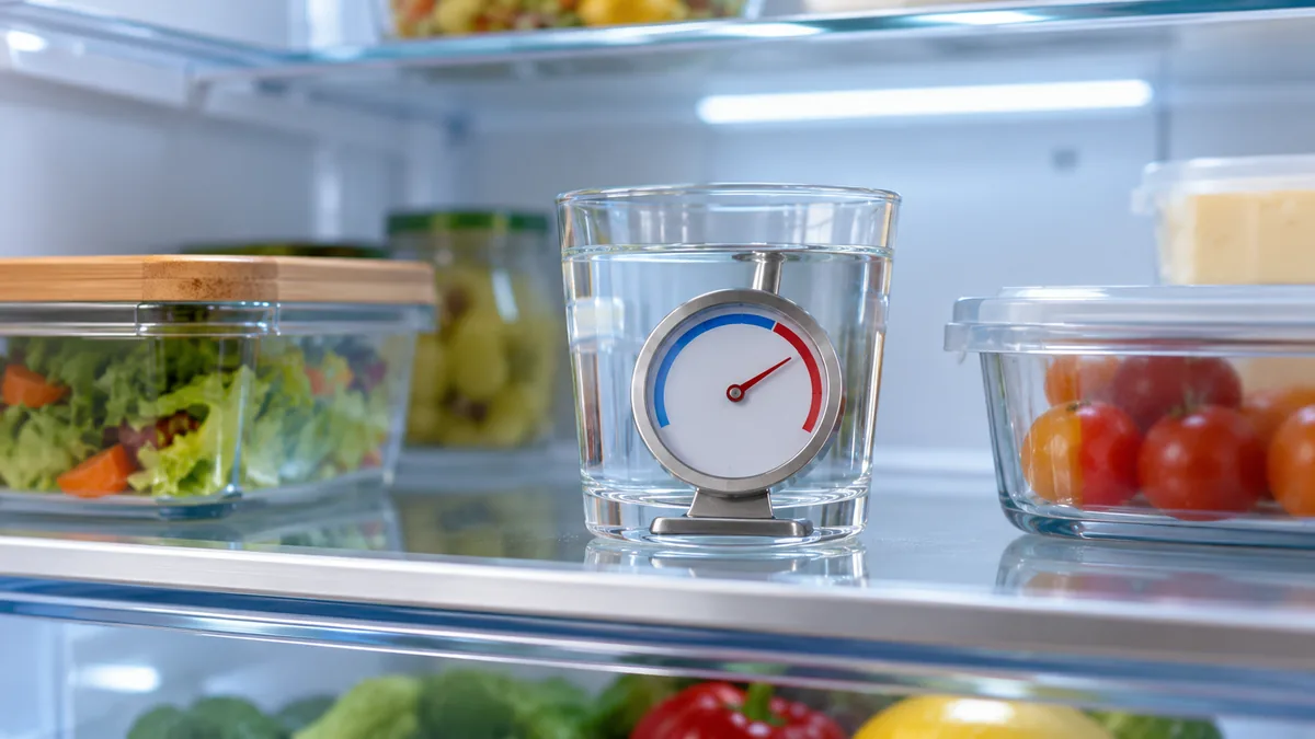 Termometru rotund de frigider pus într-un pahar cu apă, pe raftul din mijloc al frigiderului