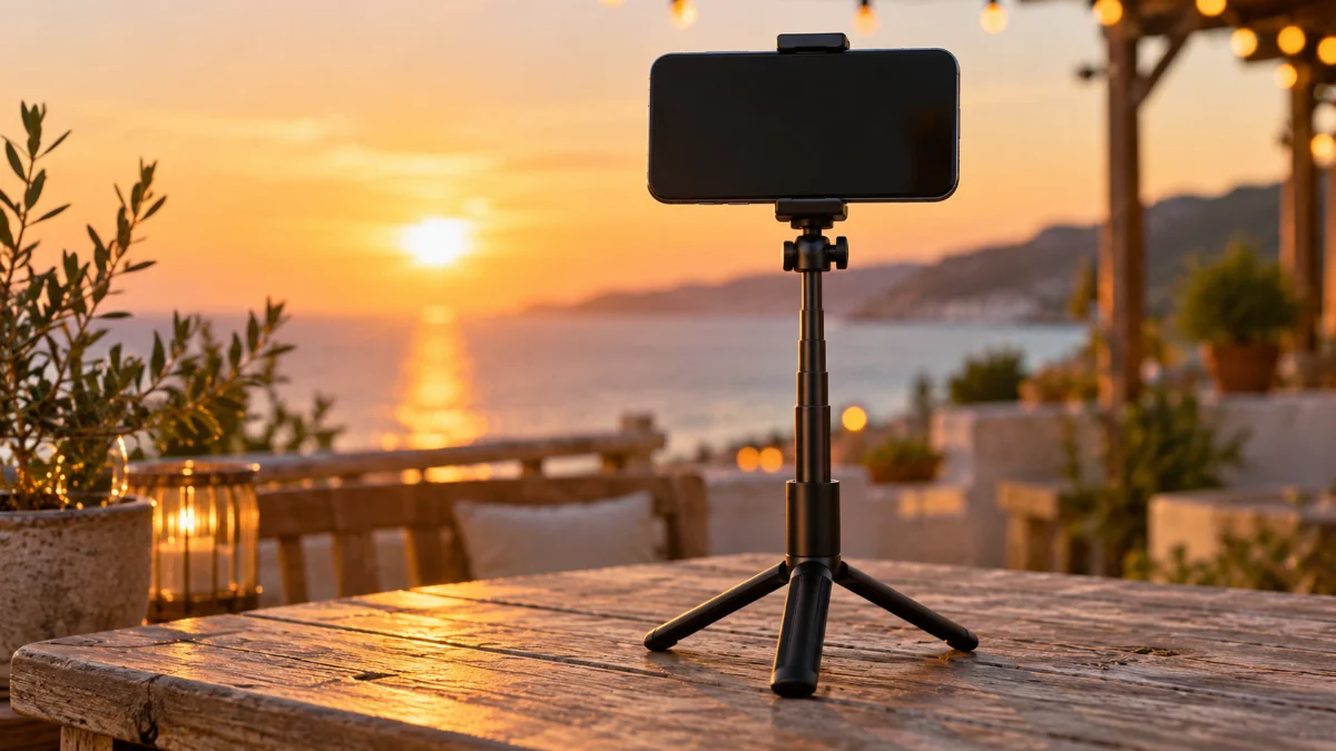 Selfie stick negru deschis ca trepied pe o masă de lemn, cu telefonul prins sus, pe o terasă la apus