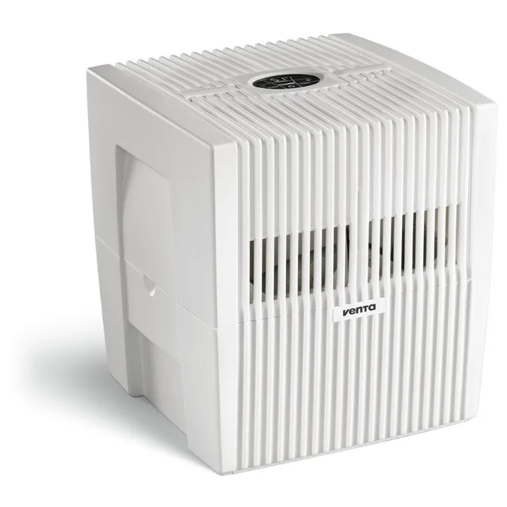 Umidificator de aer Venta LW25 Comfort Plus, alb, cu carcasă cubică, pe fond alb