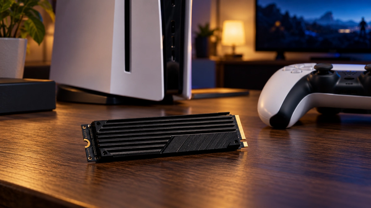 SSD M.2 negru cu radiator pe un birou din lemn, lângă o consolă albă și un controller