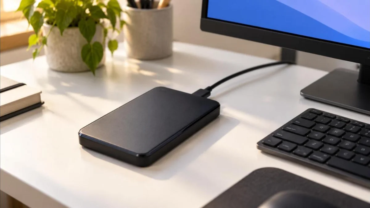 Hard disk extern portabil negru, cu ramă lucioasă subțire, conectat cu un cablu USB pe o masă de lucru albă, lângă o tastatură și un monitor