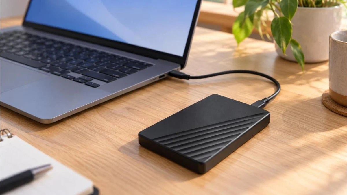 Hard disk extern portabil negru, cu dungi diagonale în relief, conectat cu un cablu USB la un laptop deschis, pe un birou de lemn